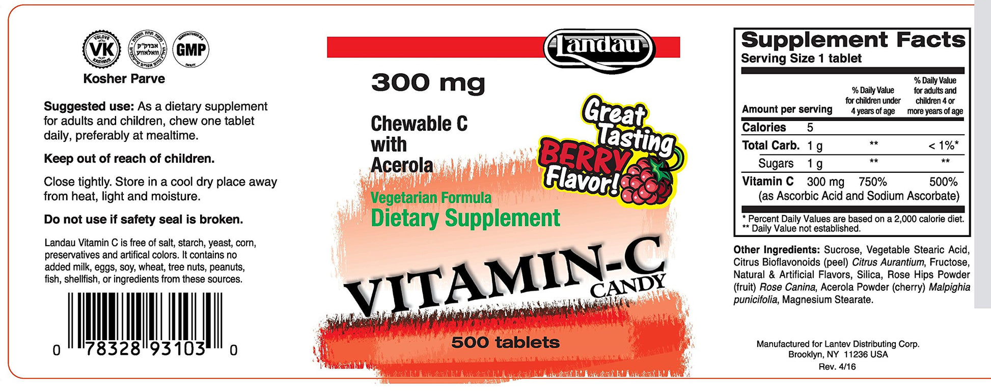 Paquete Landau caramelo vitamina c 300 mg sabor bayas 500 unidades
