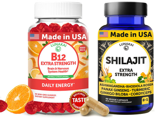 Paquete Lunakai gominolas B12 y cápsulas Shilajit para energía