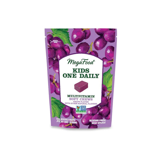 Paquete MegaFood multivitamínico infantil masticables sabor uva