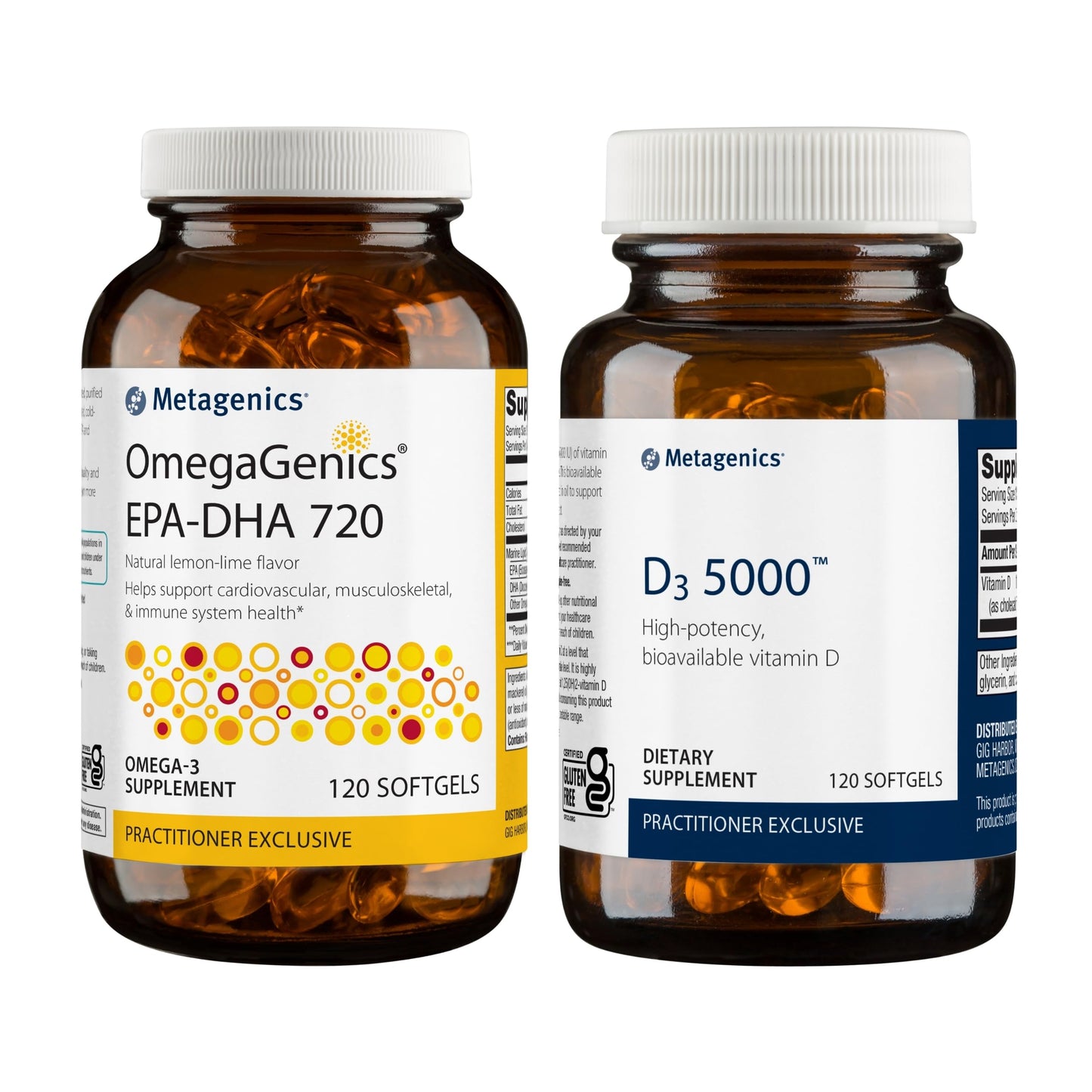 Paquete Metagenics D3 5000 y EPA-DHA 720 softgels frascos