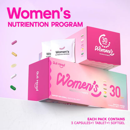 Paquete multivitamínico Quit Mood para energía y salud femenina.