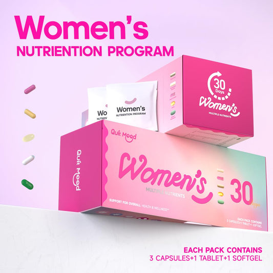 Paquete multivitamínico Quit Mood para energía y salud femenina.
