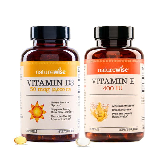 Paquete NatureWise Vitamina D3 2000UI y Vitamina E 400 UI 360+120 cápsulas