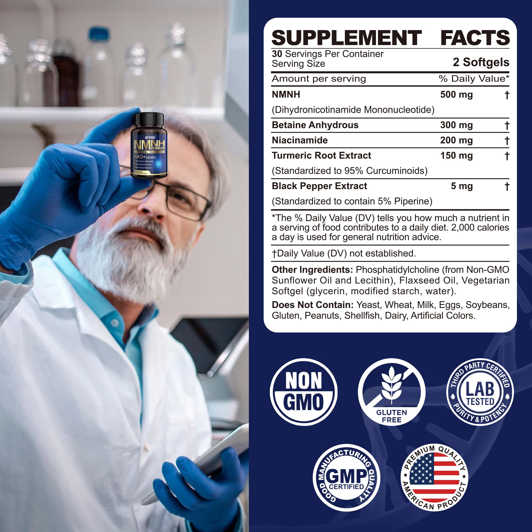 Paquete NEVISS suplemento NAD+ NMNH 500mg para envejecimiento sano