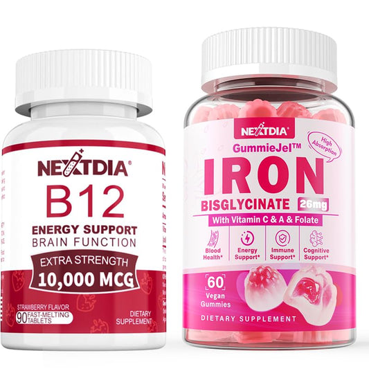 Paquete Nextdia vitaminas B12 10000 mcg y gomitas hierro veganas