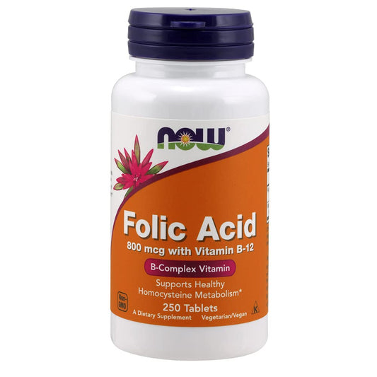 Paquete NOW Foods ácido fólico 800 mcg frontal