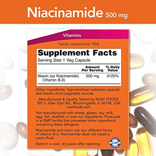 Paquete NOW FOODS niacinamida 500mg vitamina B3 cápsulas