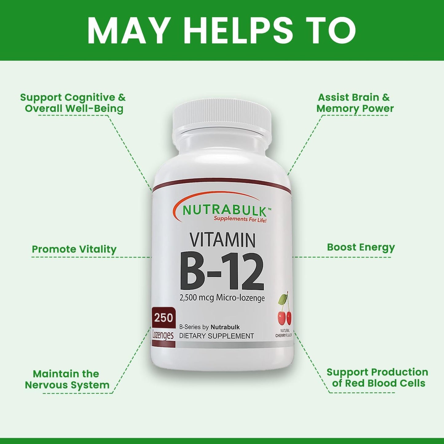 Paquete NutraBulk vitamina B12 sublingual 250 tabletas sabor cereza