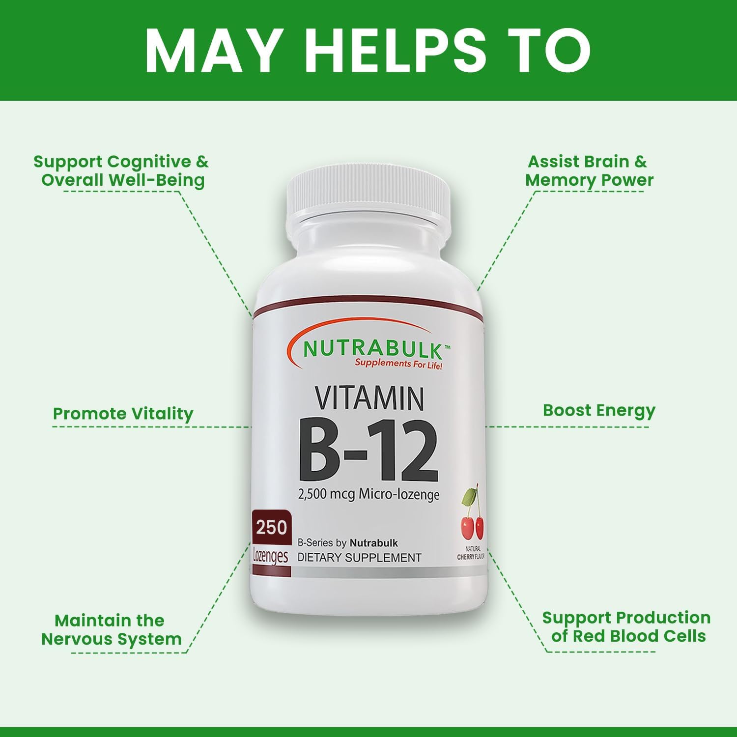 Paquete NutraBulk vitamina B12 sublingual 250 tabletas sabor cereza