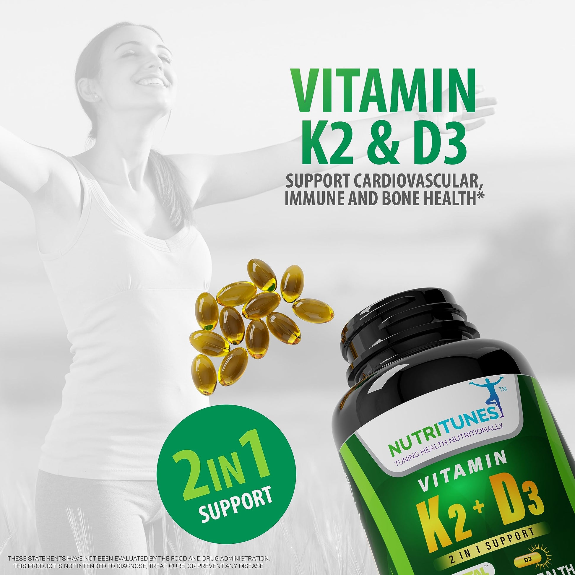 Paquete Nutritunes suplemento K2 MK-7 y D3 120 cápsulas blandas