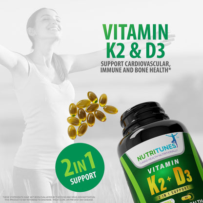 Paquete Nutritunes suplemento K2 MK-7 y D3 120 cápsulas blandas