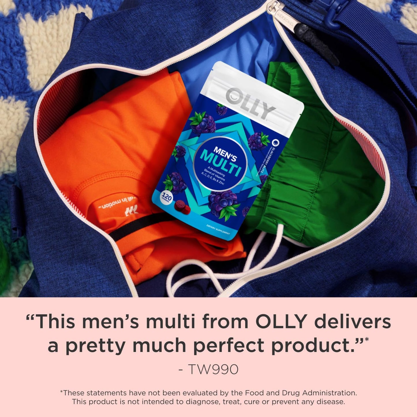 Paquete OLLY multivitamínico en mochila de gimnasio.