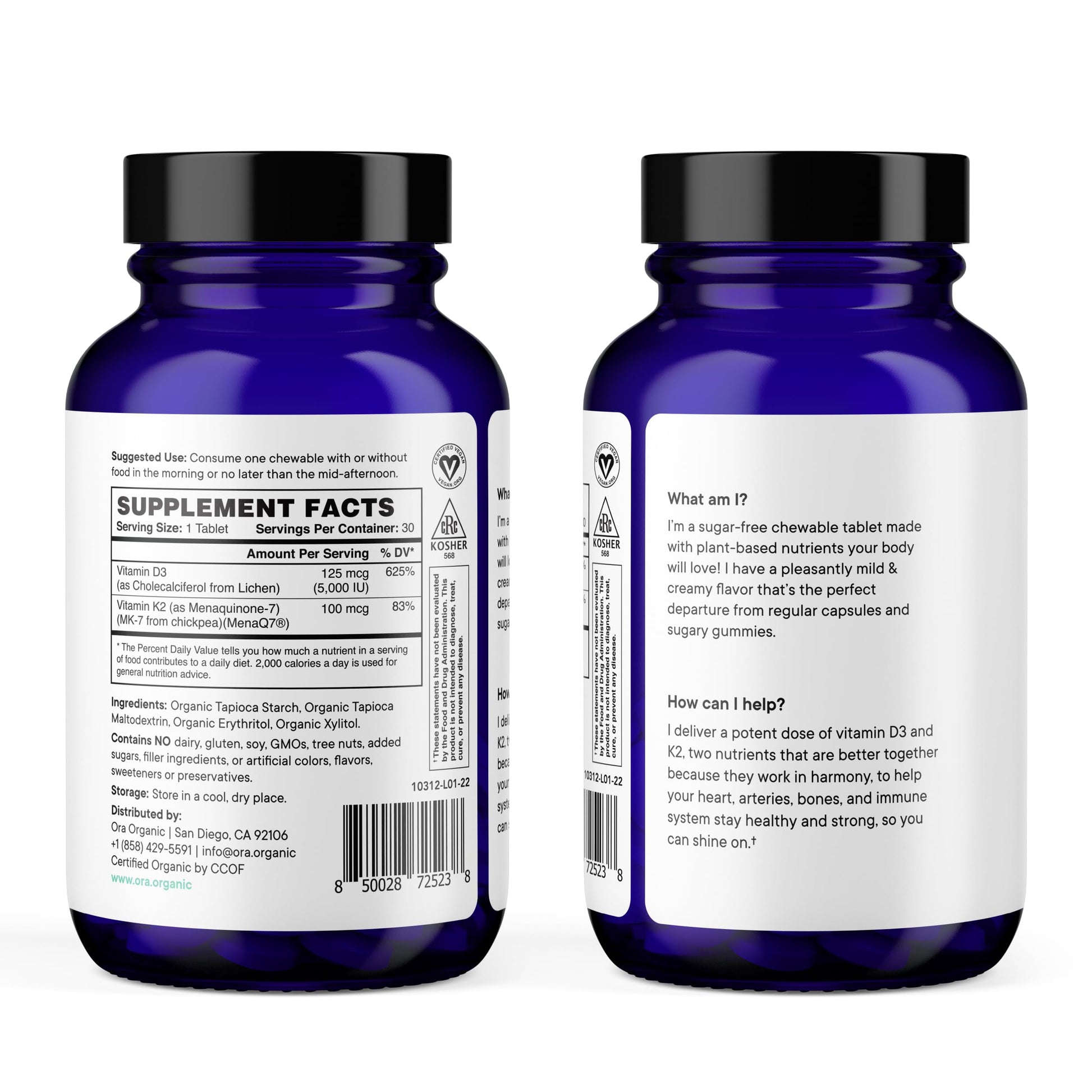 Paquete Ora Organic Vitamina D3 K2 masticables veganas