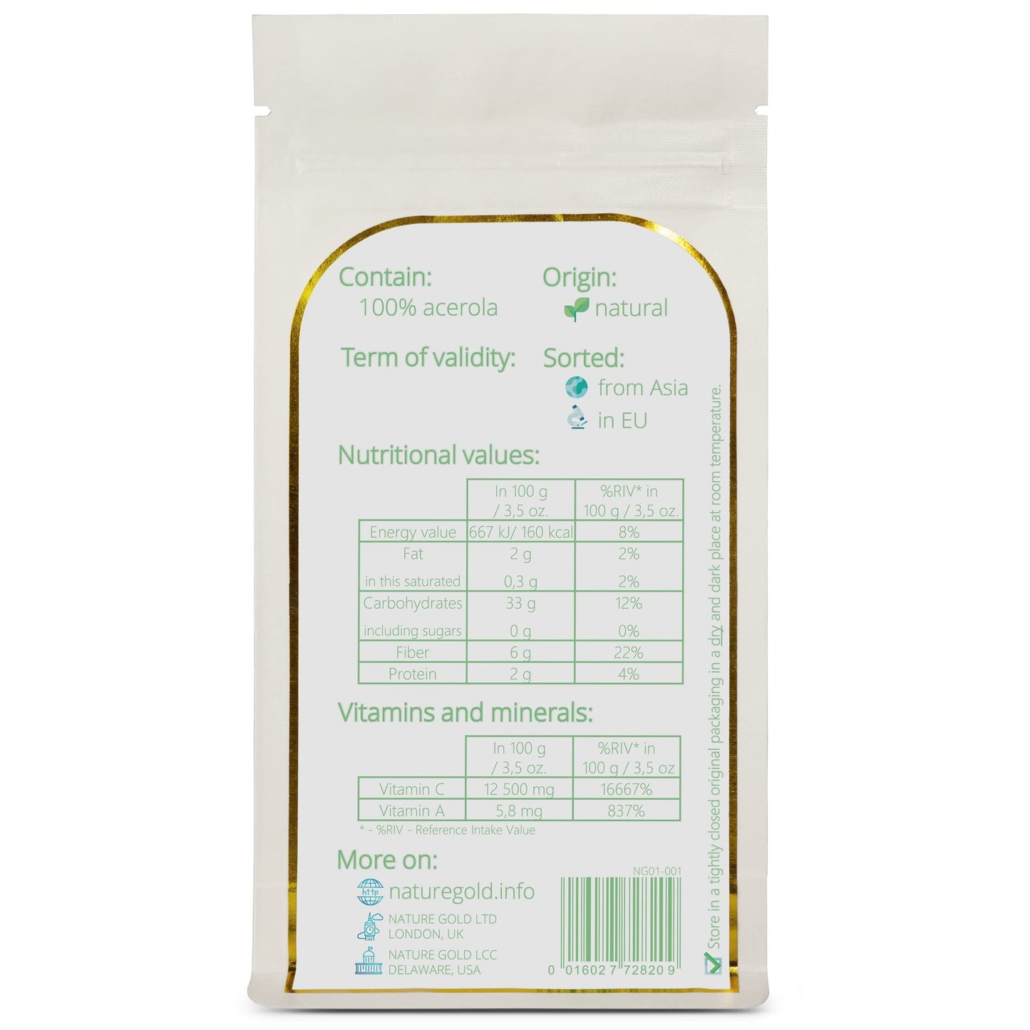 Paquete polvo acerola vitamina c vegano