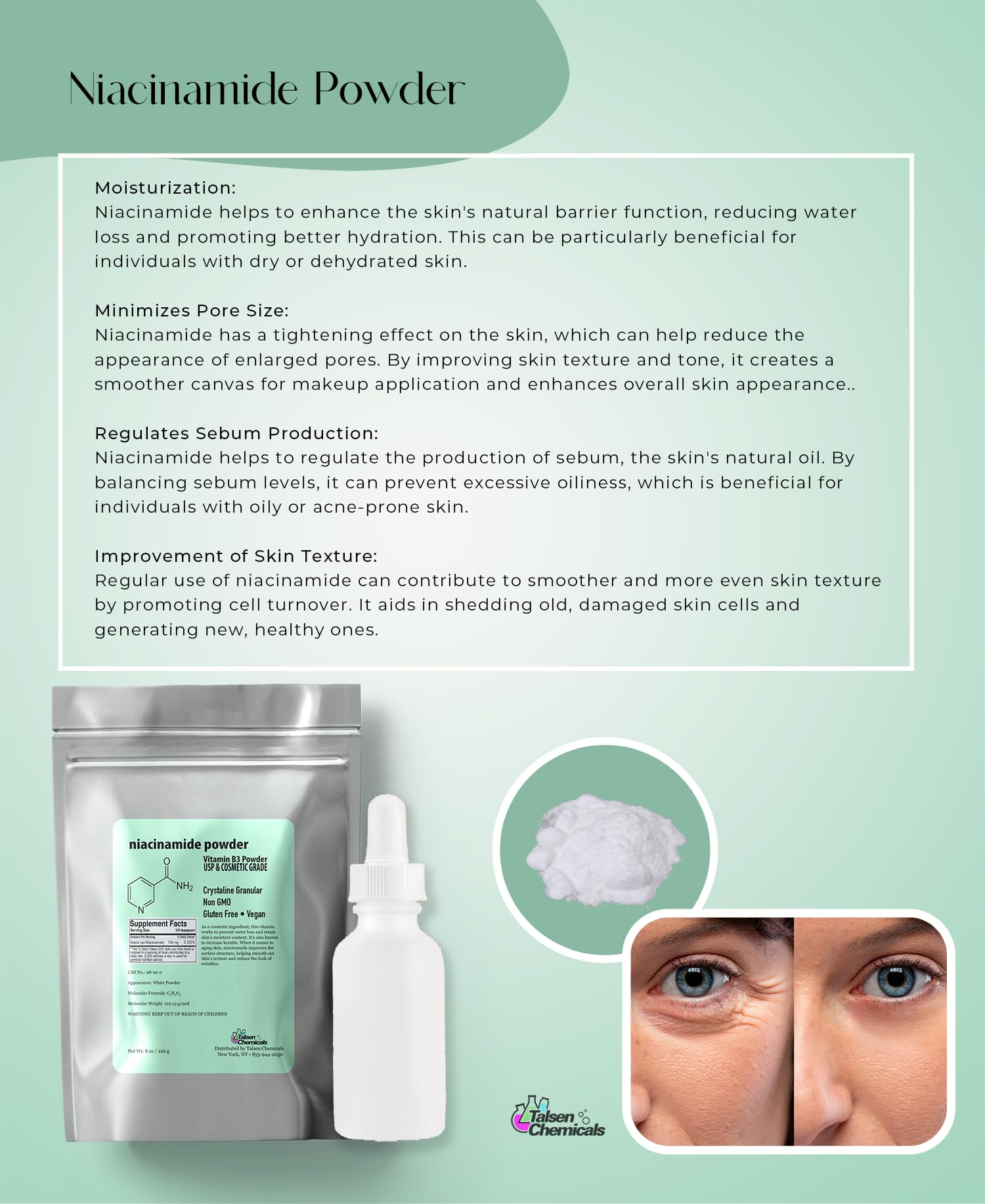 Paquete polvo niacinamida Talsen Chemicals vitamina b3