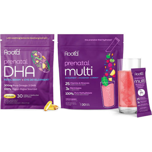 Paquete de polvo prenatal Root'd con DHA y multivitaminas para embarazo