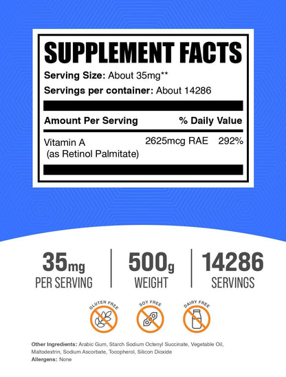 Paquete polvo vitamina A BulkSupplements de 500 gramos
