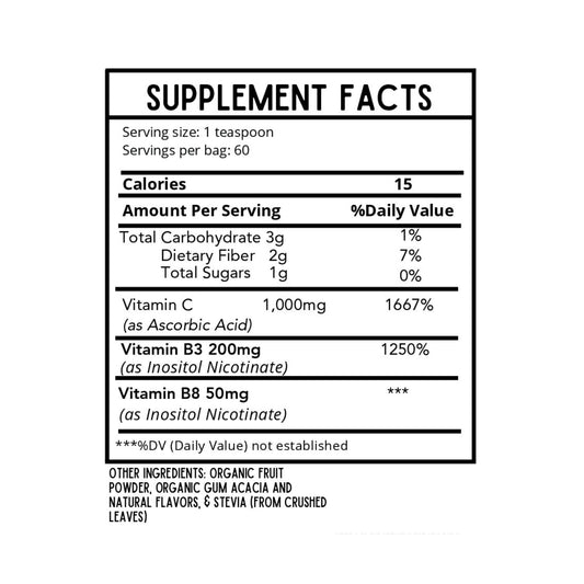 Paquete polvo Vitamina C B3 defensa infantil Revitalize Wellness sin maíz