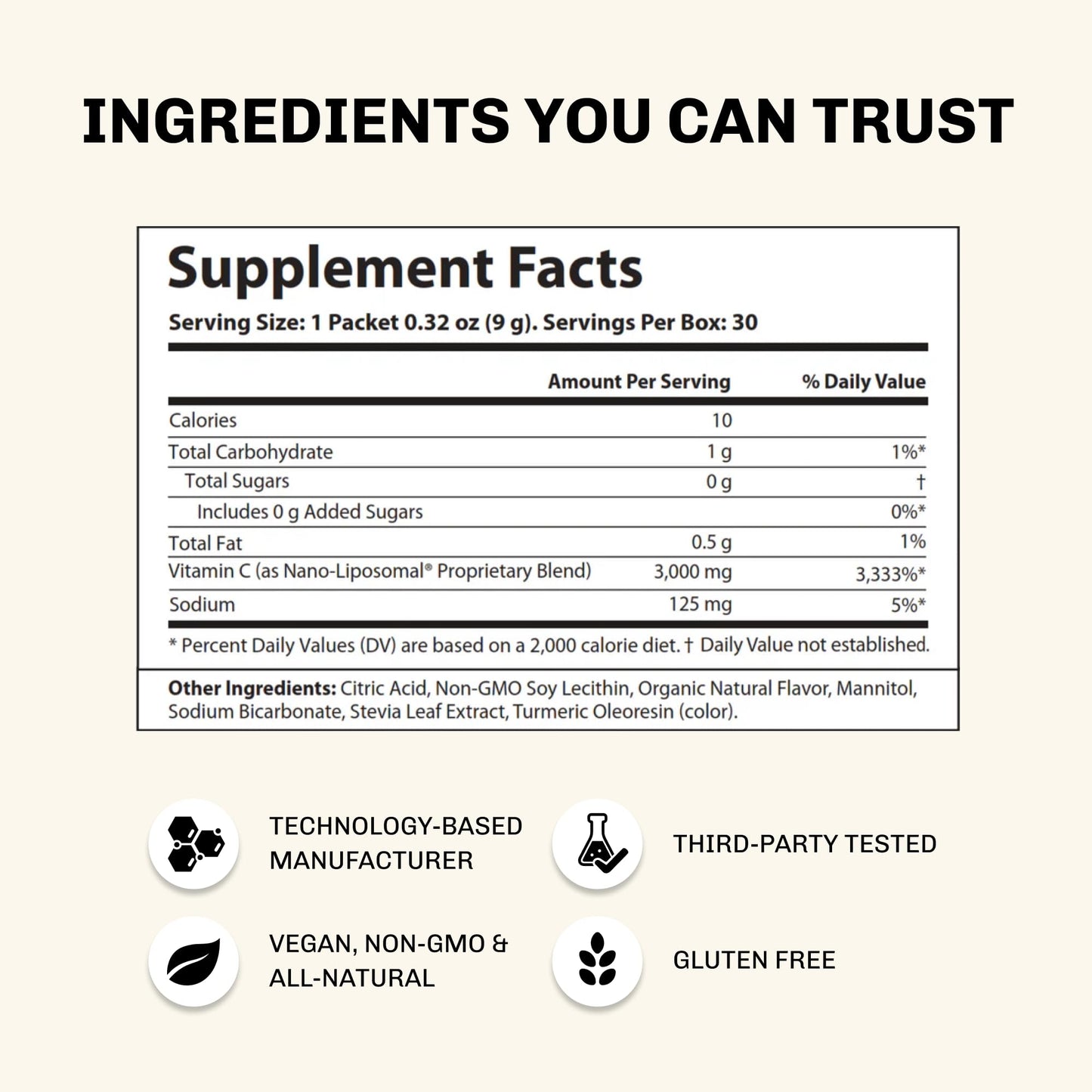 Paquete polvo vitamina C liposomal 3000mg Aurora Nutrascience sabor naranja