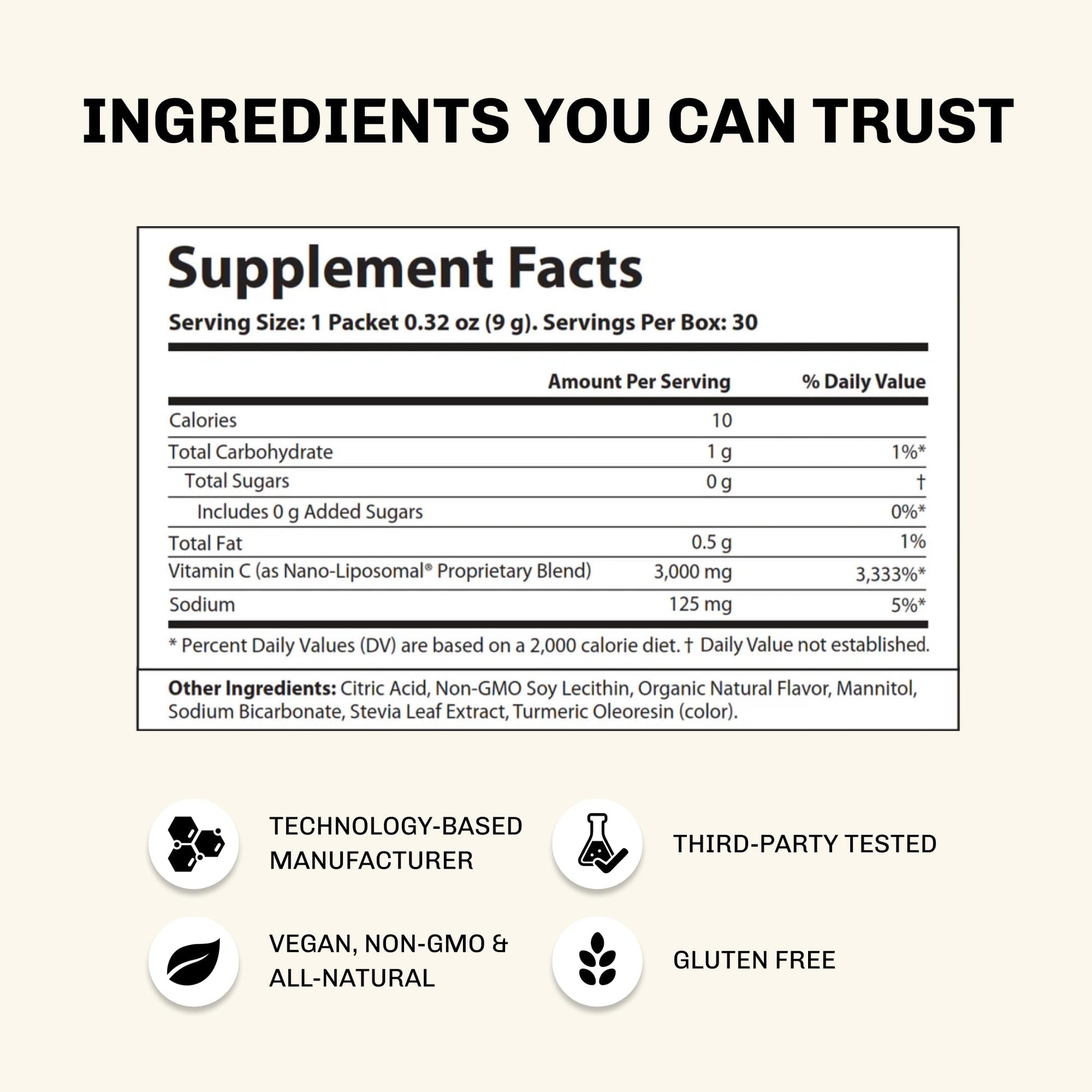 Paquete polvo vitamina C liposomal 3000mg Aurora Nutrascience sabor naranja