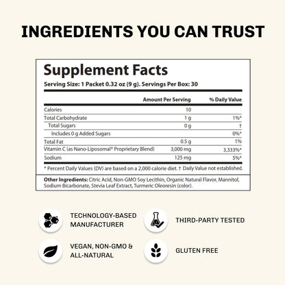 Paquete polvo vitamina C liposomal 3000mg Aurora Nutrascience sabor naranja