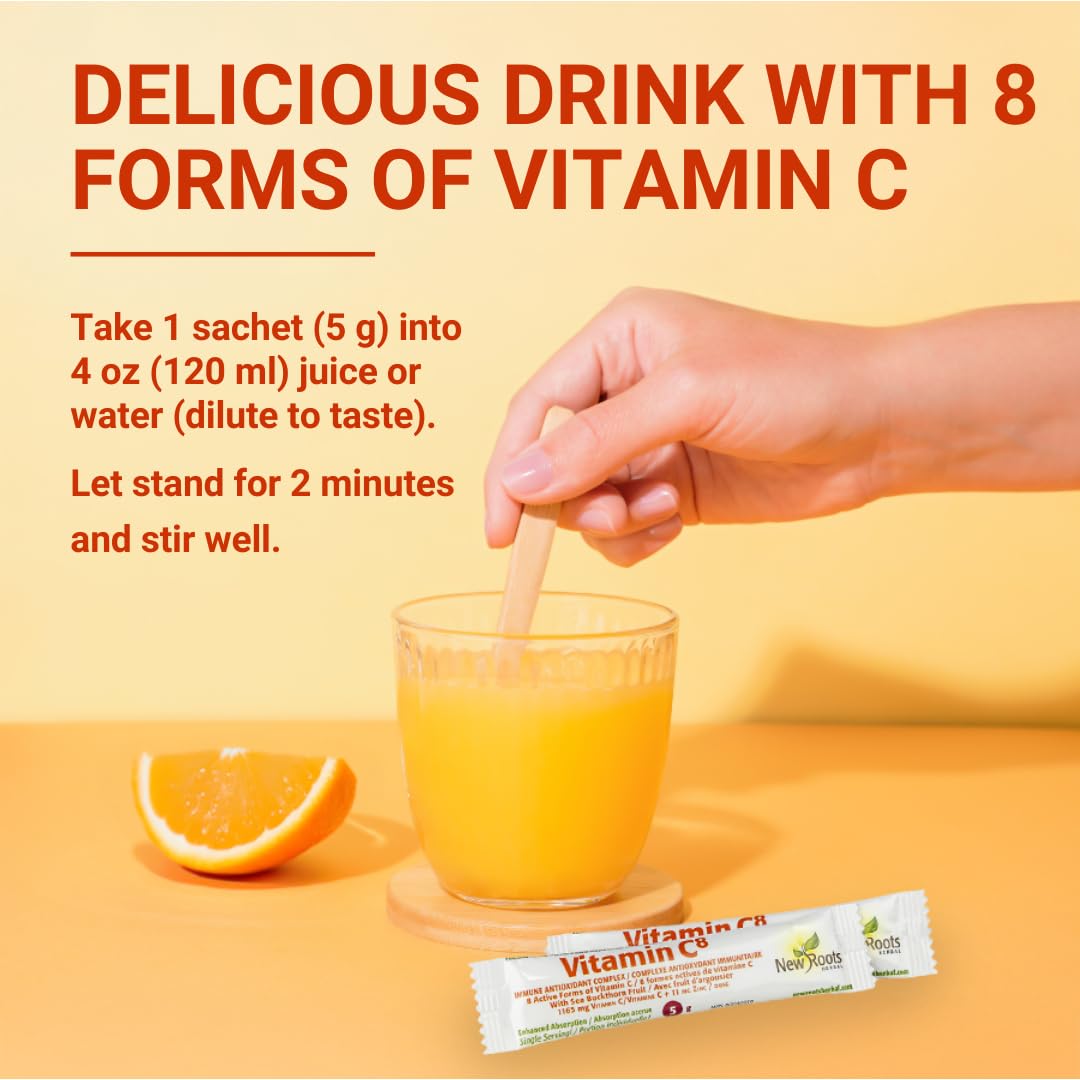 Paquete polvo vitamina c New Roots 30 sobres soporte antioxidante