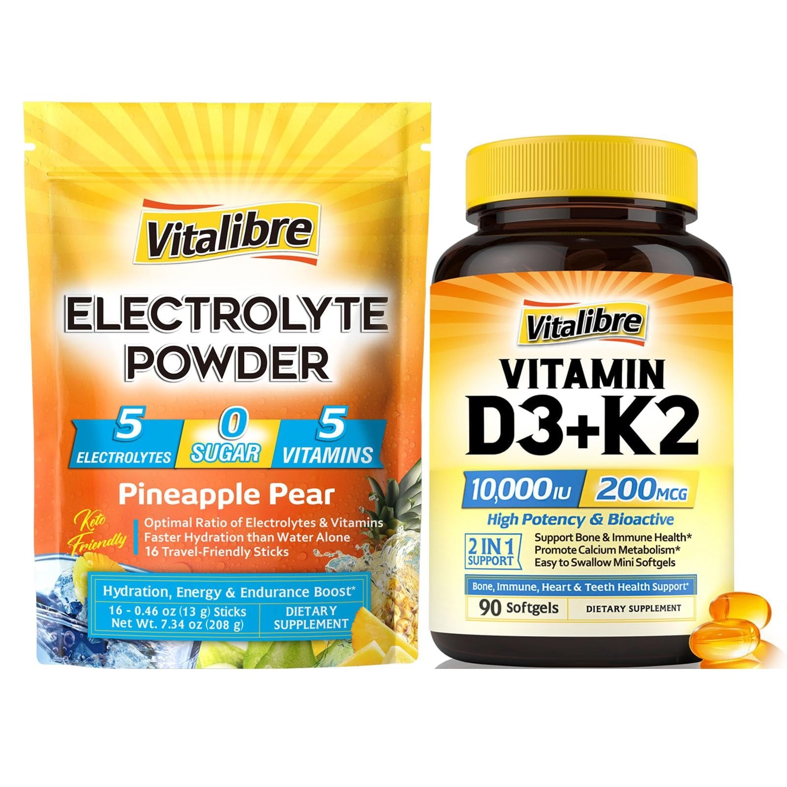 Paquete polvo Vitalibre vitamina D3 K2 y electrolitos alto rendimiento