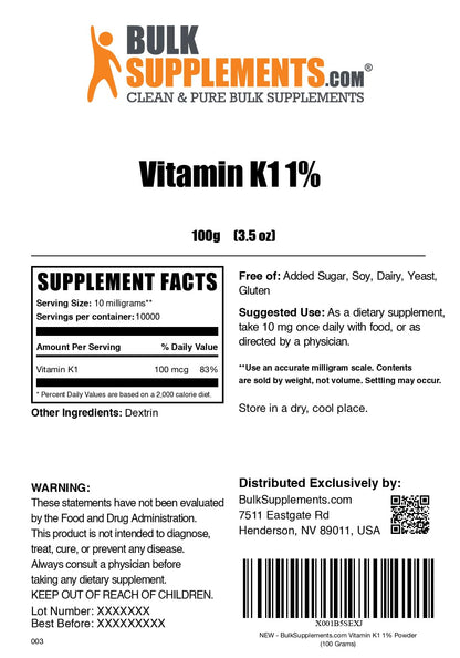 Paquete de polvo vitamina k1 bulkSupplements 100 gramos