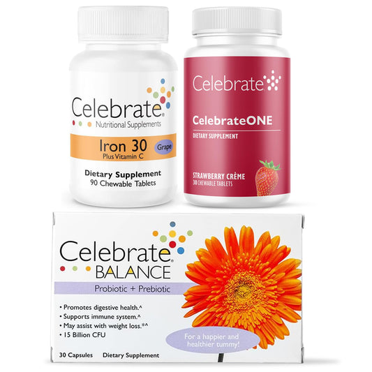 Paquete de suplementos bariátricos Celebrate con multivitamínico, hierro y probiótico.