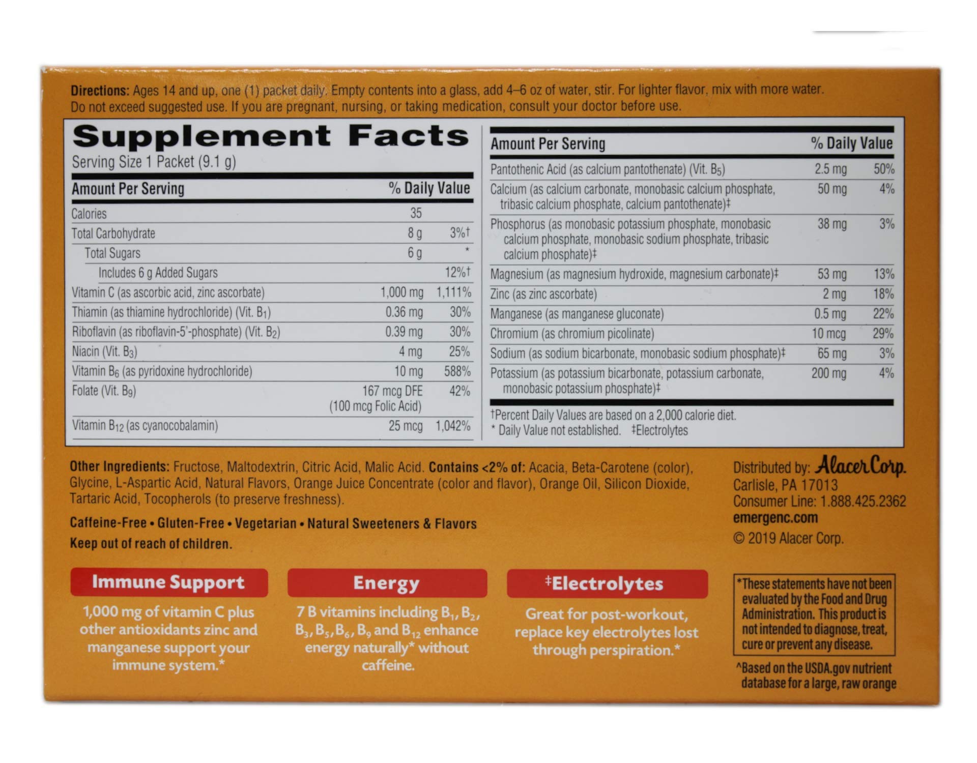Paquete suplementario Emergen-C vitamina c 30 unidades naranja
