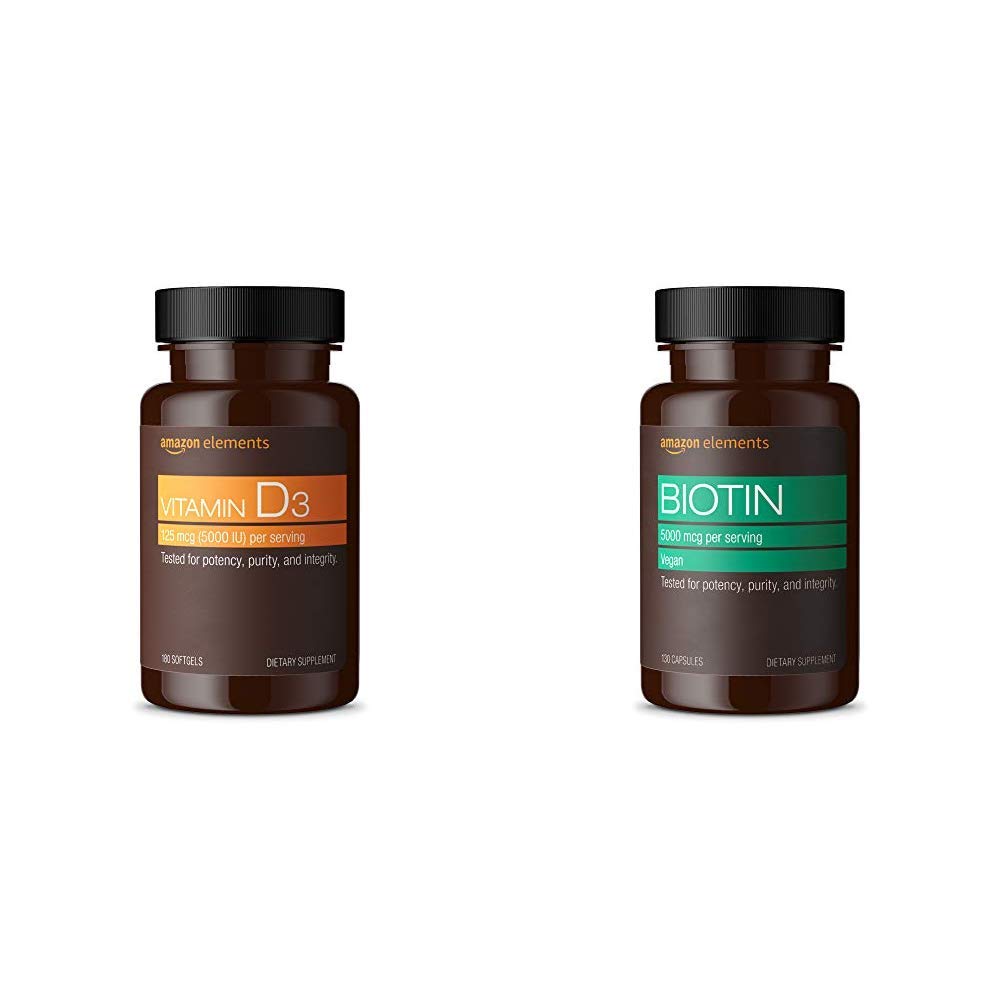 Paquete suplemento Amazon Elements vitamina D3 y biotina vegana
