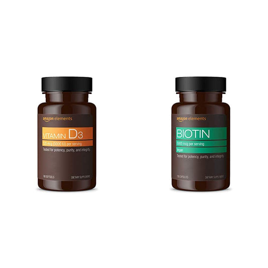 Paquete suplemento Amazon Elements vitamina D3 y biotina vegana