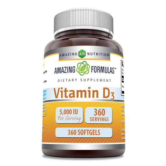 Paquete suplemento vitamina d3 amazing formulas 5000 ui 360 cápsulas