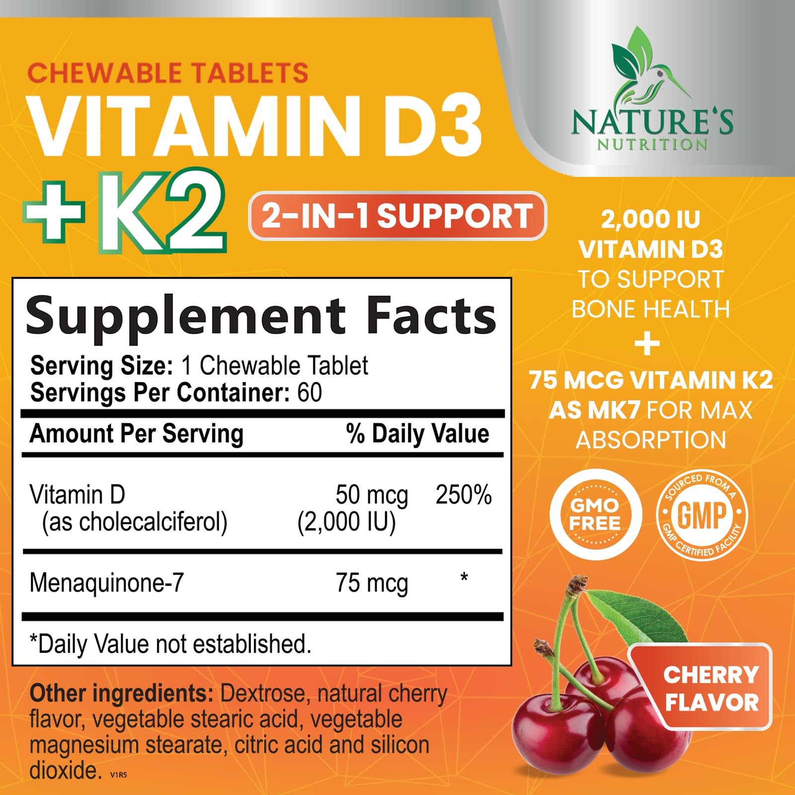 Paquete de tabletas masticables vitamina D3 K2 sabor cereza