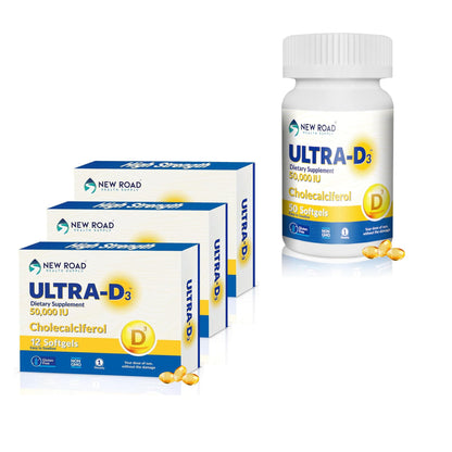 Paquete ULTRA-D3 vitaminas D3 50000 IU 3 blísters y botella