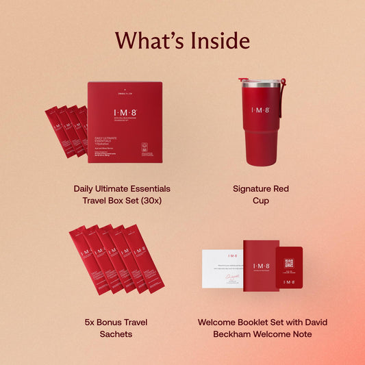 Paquete de viaje IM8 Essentials con vaso incluido