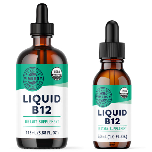 Paquete Vimergy vitamina B12 líquida orgánica 115 ml y 30 ml