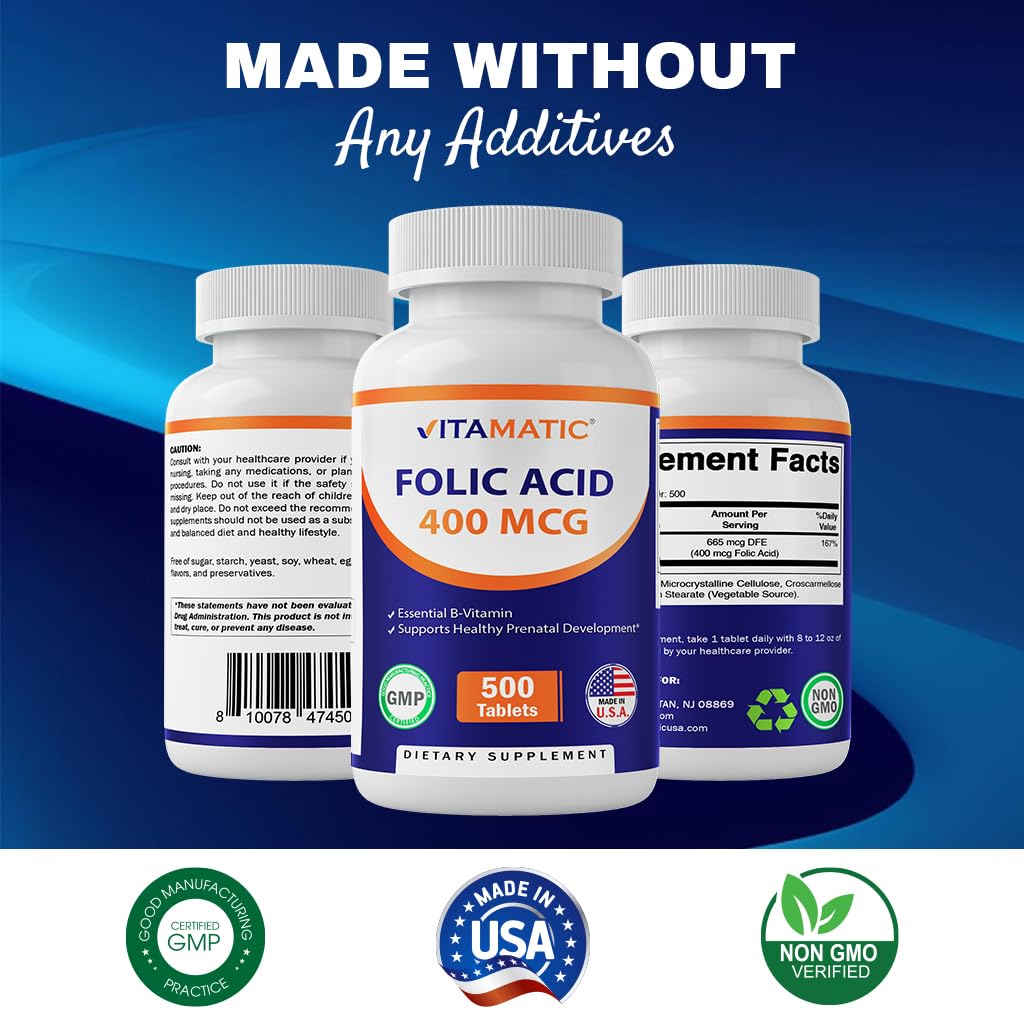 Paquete Vitamatic ácido fólico 400 mcg 500 tabletas vegetarianas