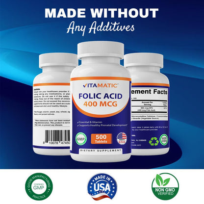 Paquete Vitamatic ácido fólico 400 mcg 500 tabletas vegetarianas
