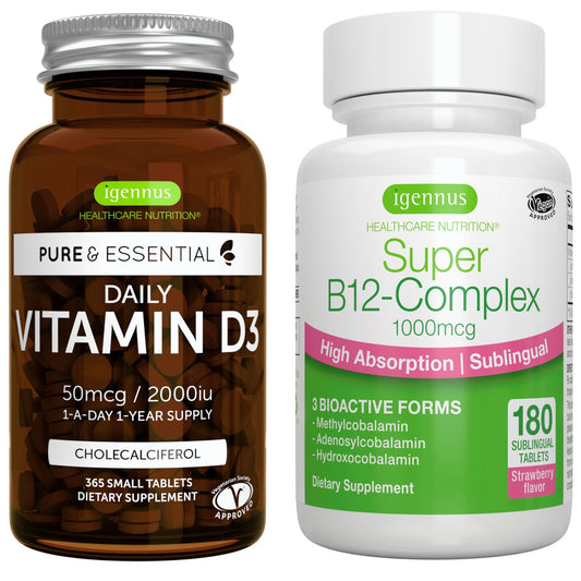 Paquete vitamina d3 y complejo b12 vegetal igennus 365 tabletas