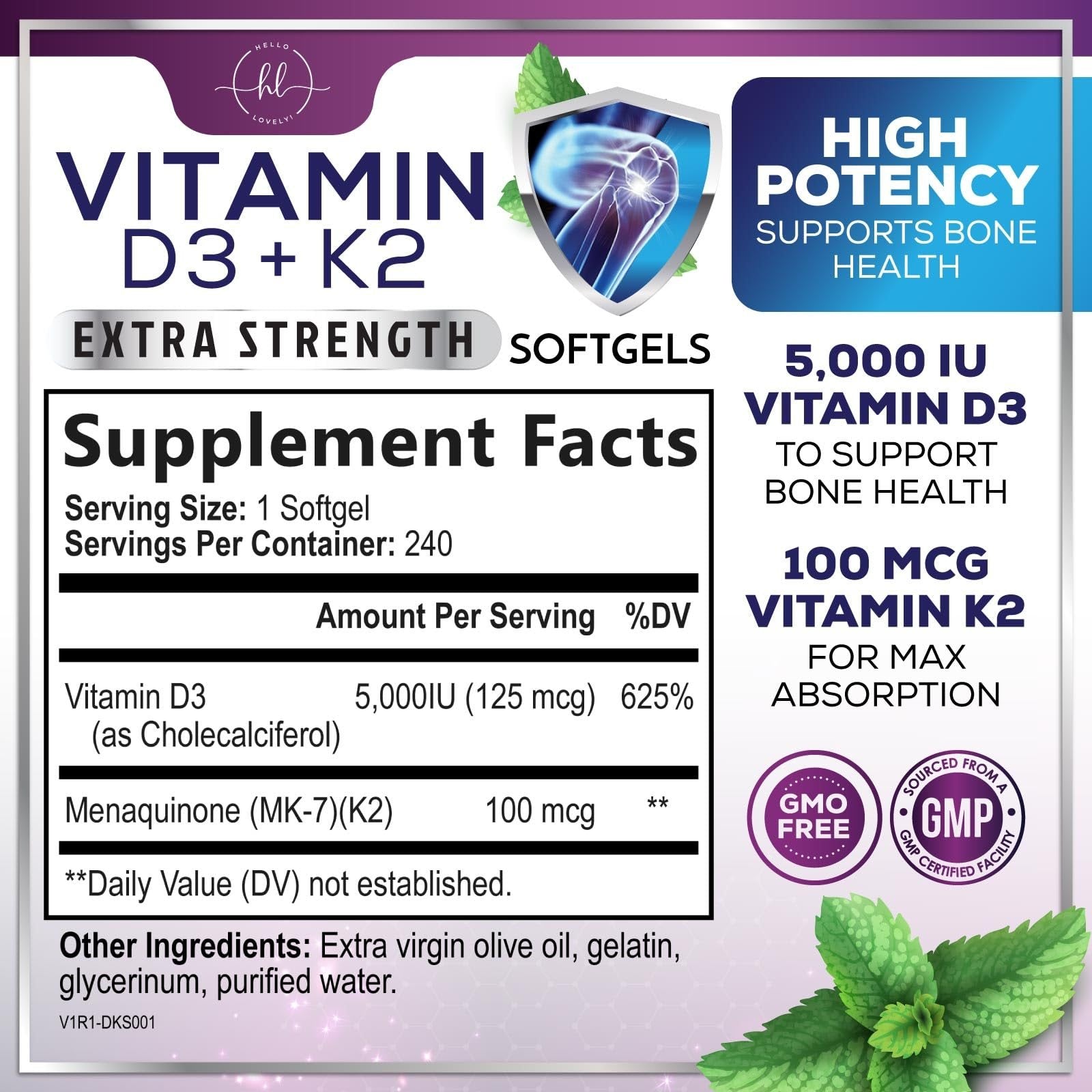 Paquete Vitamina D3 K2 240 cápsulas no transgénicas