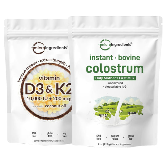 Paquete de cápsulas de vitamina D3 K2 con aceite de coco y polvo de calostro Micro Ingredients