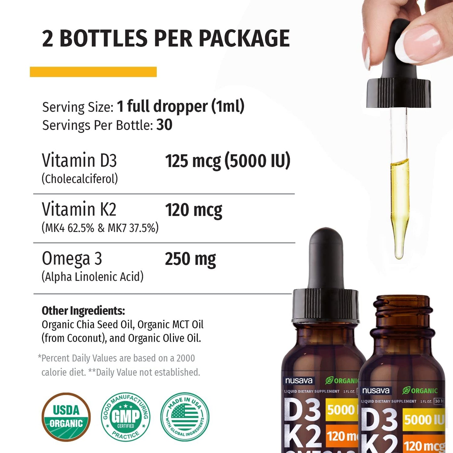 Paquete vitamina líquida D3 K2 natural sin gluten NUSAVA
