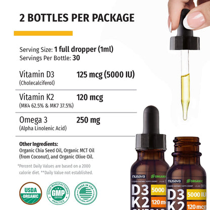 Paquete vitamina líquida D3 K2 natural sin gluten NUSAVA