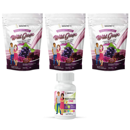 Paquete de vitaminas bariátricas con multivitaminas y calcio masticable de uva salvaje.