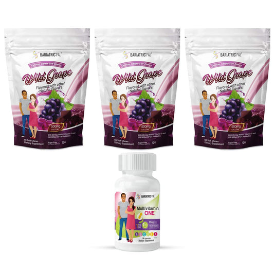 Paquete de vitaminas bariátricas con multivitaminas y calcio masticable de uva salvaje.