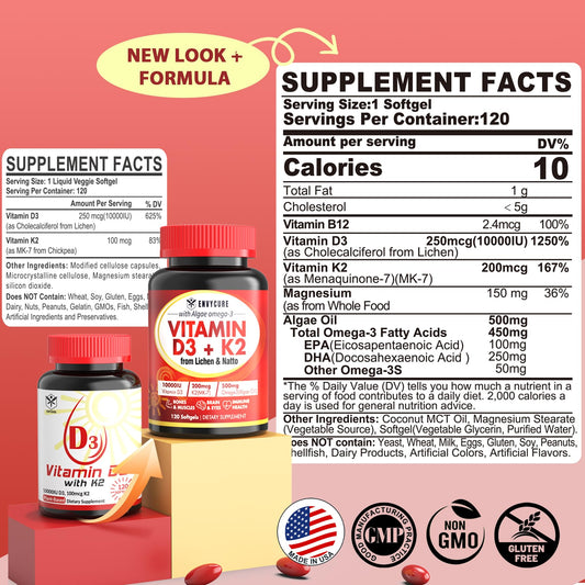 Paquete de vitaminas EnvyCure D3 K2 con omega-3 y magnesio