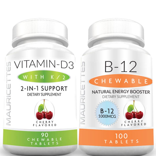 Paquete de vitaminas Mauricettes D3 K2 y B12 masticables sabor cereza
