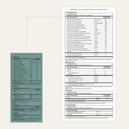 Paquete de vitaminas postnatales y lista de ingredientes