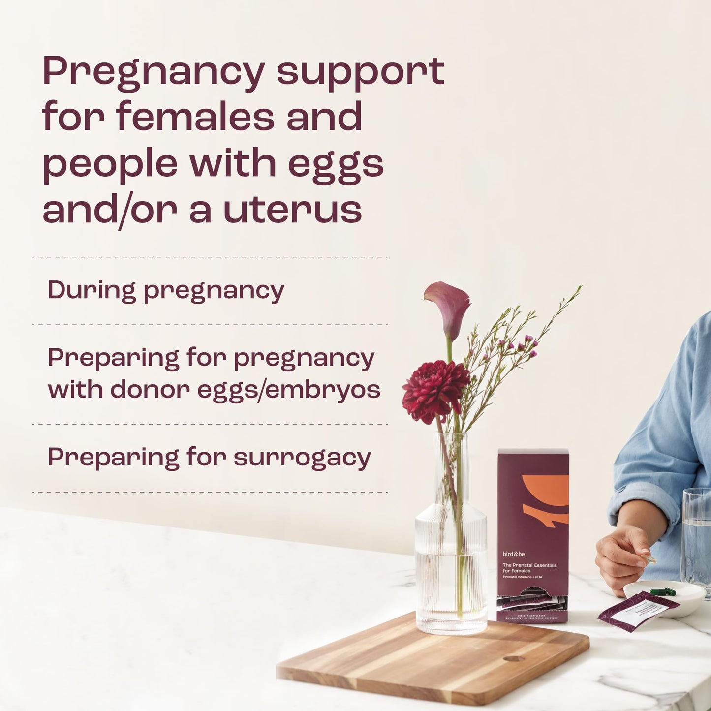 Paquete vitaminas prenatales birdandbe con cápsulas y caja